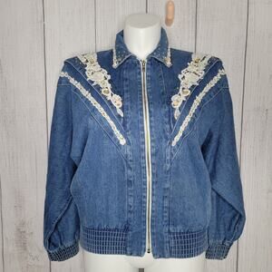 Vintage Floral Embroidered Blue Denim Rodeo Western Rodeo Jacket Womens Size S